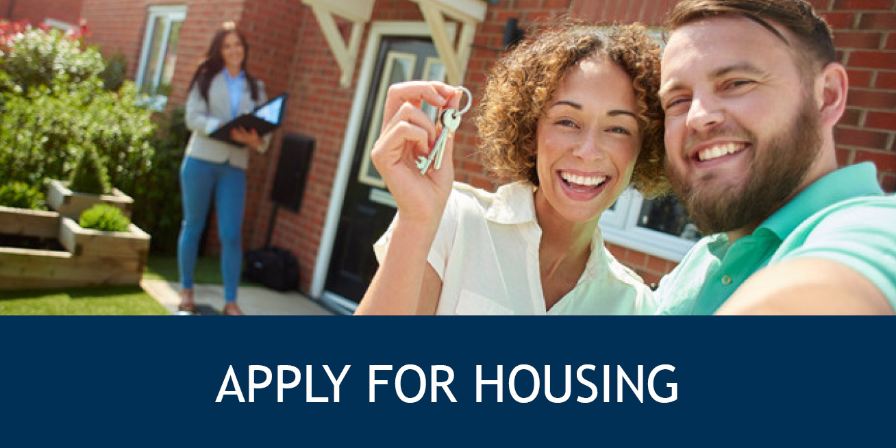 couple holding a key in front of a house with "apply for housing" text underneath